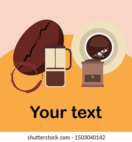 French press coffee, coffee beans, spilled coffee, vector illustration. Design elements for a cafe. Vector background.