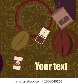 French press coffee, coffee beans, spilled coffee, vector illustration. Design elements for a cafe. Vector background.