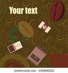 French press coffee, coffee beans, spilled coffee, vector illustration. Design elements for a cafe. Vector background.