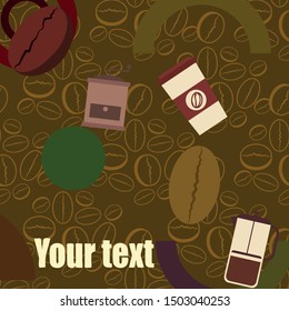 French press coffee, coffee beans, spilled coffee, vector illustration. Design elements for a cafe. Vector background.