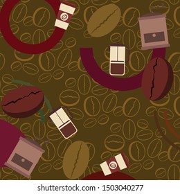 French press coffee, coffee beans, spilled coffee, vector illustration. Design elements for a cafe. Vector background.