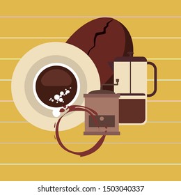 French press coffee, coffee beans, spilled coffee, vector illustration. Design elements for a cafe. Vector background.
