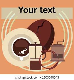 French press coffee, coffee beans, spilled coffee, vector illustration. Design elements for a cafe. Vector background.