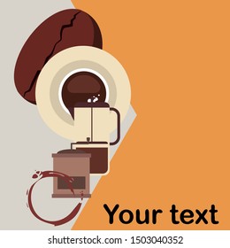 French press coffee, coffee beans, spilled coffee, vector illustration. Design elements for a cafe. Vector background.