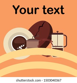 French press coffee, coffee beans, spilled coffee, vector illustration. Design elements for a cafe. Vector background.