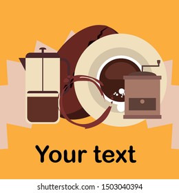French press coffee, coffee beans, spilled coffee, vector illustration. Design elements for a cafe. Vector background.