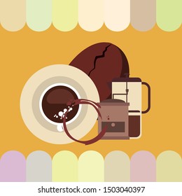 French press coffee, coffee beans, spilled coffee, vector illustration. Design elements for a cafe. Vector background.