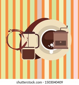 French press coffee, coffee beans, spilled coffee, vector illustration. Design elements for a cafe. Vector background.