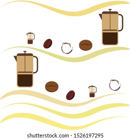 French press coffee, coffee beans, spilled coffee, vector illustration. Design elements for a cafe. Vector background.