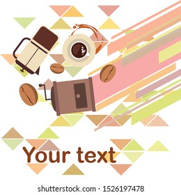 French press coffee, coffee beans, spilled coffee, vector illustration. Design elements for a cafe. Vector background.