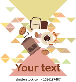 French press coffee, coffee beans, spilled coffee, vector illustration. Design elements for a cafe. Vector background.