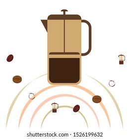 French press coffee, coffee beans, spilled coffee, vector illustration. Design elements for a cafe. Vector background.