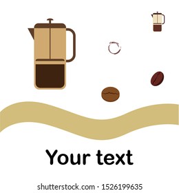 French press coffee, coffee beans, spilled coffee, vector illustration. Design elements for a cafe. Vector background.