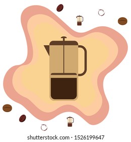 French press coffee, coffee beans, spilled coffee, vector illustration. Design elements for a cafe. Vector background.