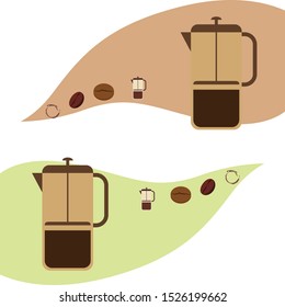 French press coffee, coffee beans, spilled coffee, vector illustration. Design elements for a cafe. Vector background.