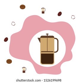 French press coffee, coffee beans, spilled coffee, vector illustration. Design elements for a cafe. Vector background.