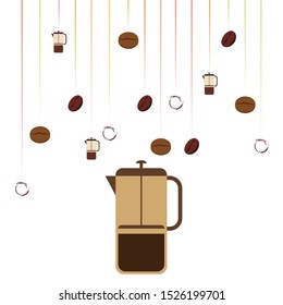 French press coffee, coffee beans, spilled coffee, vector illustration. Design elements for a cafe. Vector background.