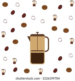 French press coffee, coffee beans, spilled coffee, vector illustration. Design elements for a cafe. Vector background.