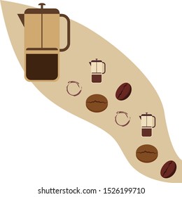 French press coffee, coffee beans, spilled coffee, vector illustration. Design elements for a cafe. Vector background.