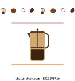 French press coffee, coffee beans, spilled coffee, vector illustration. Design elements for a cafe. Vector background.