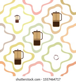 French press coffee, coffee beans, spilled coffee, vector illustration. Design elements for a cafe. Vector background.