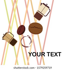French press coffee, coffee beans, spilled coffee, vector illustration. Design elements for a cafe. Vector background.