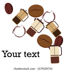 French press coffee, coffee beans, spilled coffee, vector illustration. Design elements for a cafe. Vector background.