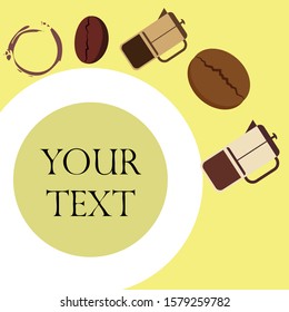 French press coffee, coffee beans, spilled coffee, vector illustration. Design elements for a cafe. Vector background.
