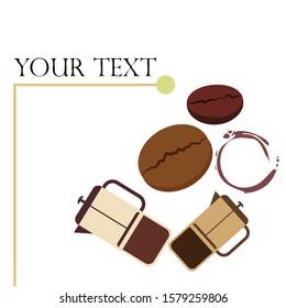 French press coffee, coffee beans, spilled coffee, vector illustration. Design elements for a cafe. Vector background.