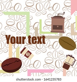 French press coffee, coffee beans, spilled coffee, vector illustration. Design elements for a cafe. Vector background.