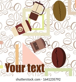 French press coffee, coffee beans, spilled coffee, vector illustration. Design elements for a cafe. Vector background.