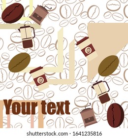 French press coffee, coffee beans, spilled coffee, vector illustration. Design elements for a cafe. Vector background.