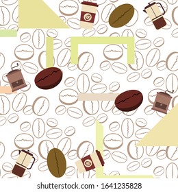 French press coffee, coffee beans, spilled coffee, vector illustration. Design elements for a cafe. Vector background.