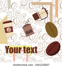 French press coffee, coffee beans, spilled coffee, vector illustration. Design elements for a cafe. Vector background.