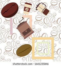 French press coffee, coffee beans, spilled coffee, vector illustration. Design elements for a cafe. Vector background.