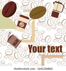 French press coffee, coffee beans, spilled coffee, vector illustration. Design elements for a cafe. Vector background.