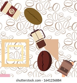 French press coffee, coffee beans, spilled coffee, vector illustration. Design elements for a cafe. Vector background.