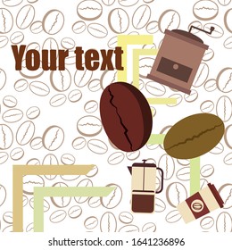 French press coffee, coffee beans, spilled coffee, vector illustration. Design elements for a cafe. Vector background.