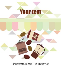 French press coffee, coffee beans, spilled coffee, vector illustration. Design elements for a cafe. Vector background.