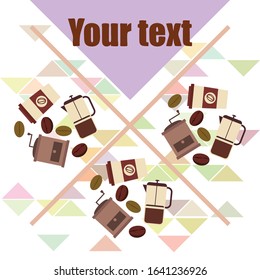 French press coffee, coffee beans, spilled coffee, vector illustration. Design elements for a cafe. Vector background.