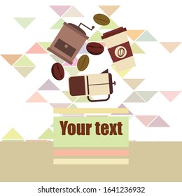 French press coffee, coffee beans, spilled coffee, vector illustration. Design elements for a cafe. Vector background.