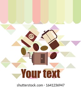 French press coffee, coffee beans, spilled coffee, vector illustration. Design elements for a cafe. Vector background.