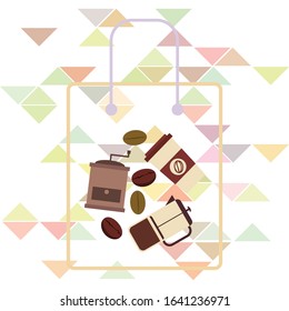 French press coffee, coffee beans, spilled coffee, vector illustration. Design elements for a cafe. Vector background.
