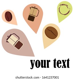 French press coffee, coffee beans, spilled coffee, vector illustration. Design elements for a cafe. Vector background.