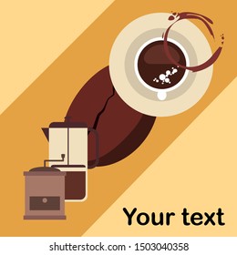 French press coffee, coffee beans, coffee, vector illustration. Design elements for a cafe. Vector background.