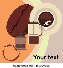 French press coffee, coffee beans, coffee, vector illustration. Design elements for a cafe. Vector background.