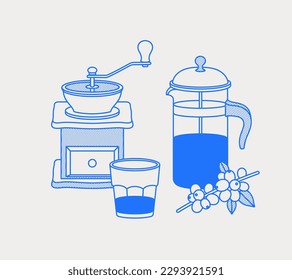 French press, coffee branch, glass, manual coffee grinder. Line art, retro. Vector illustration for coffee shops, cafes, and restaurants.