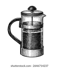 Esboço de tinta da cervejaria de café da imprensa francesa. Ilustração de vetor desenhada à mão. Estilo retrô.
