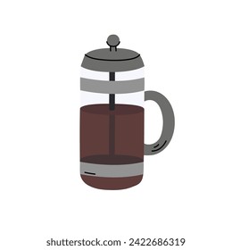 French press coffee maker doodle vector illustration. Cute hand drawn element. Making morning coffee with french press tool, equipment.
