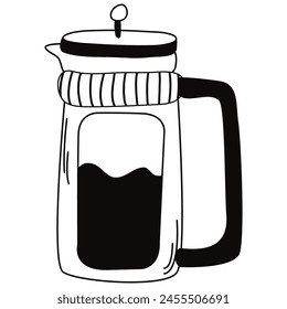 French press coffee Maker in doodle style. Glass teapot full with coffee or tea. Icon collection for menu, coffee shop.